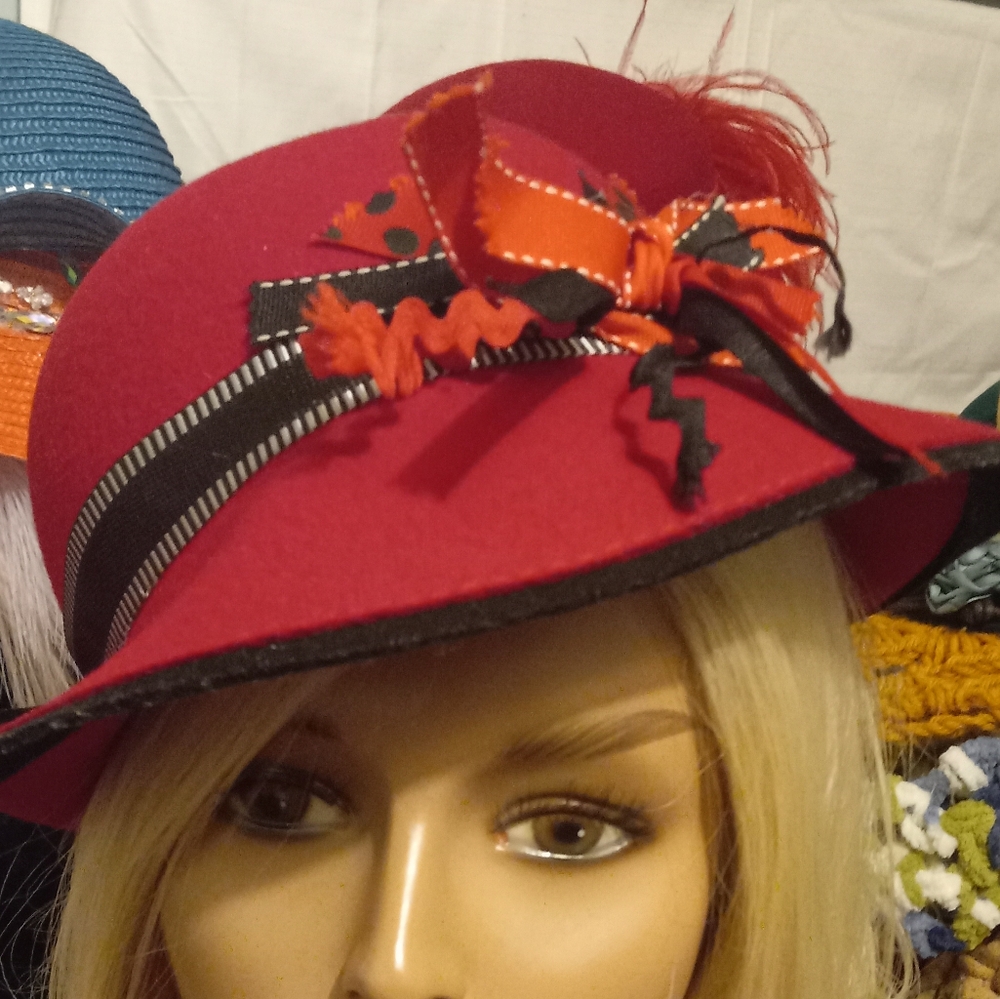 Chic Red Women's Hat with Ribbon and Feather Accent